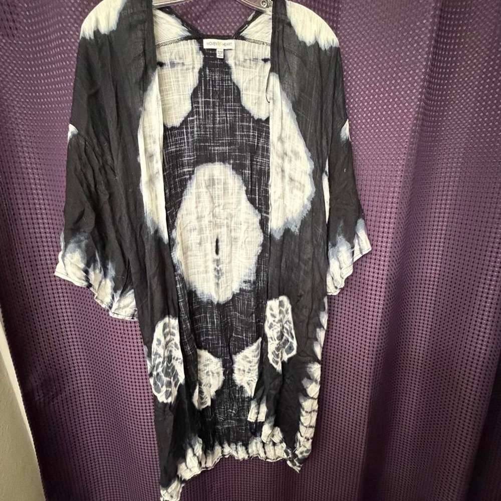 Woven Heart Tie Dye Kimono Wrap Black White Boho Open Front Cardigan S/M